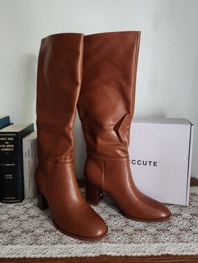 Tall Brown Faux Leather Block Heel Boots